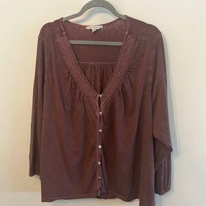 Lucky Brand Top Dusty Rose Embroidered V-Neck Cotton Knit Boho